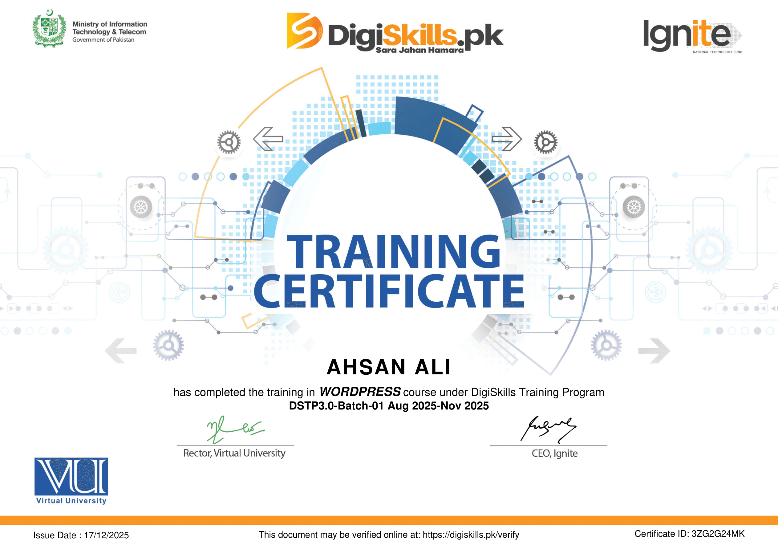WordPress Training Certificate certificate